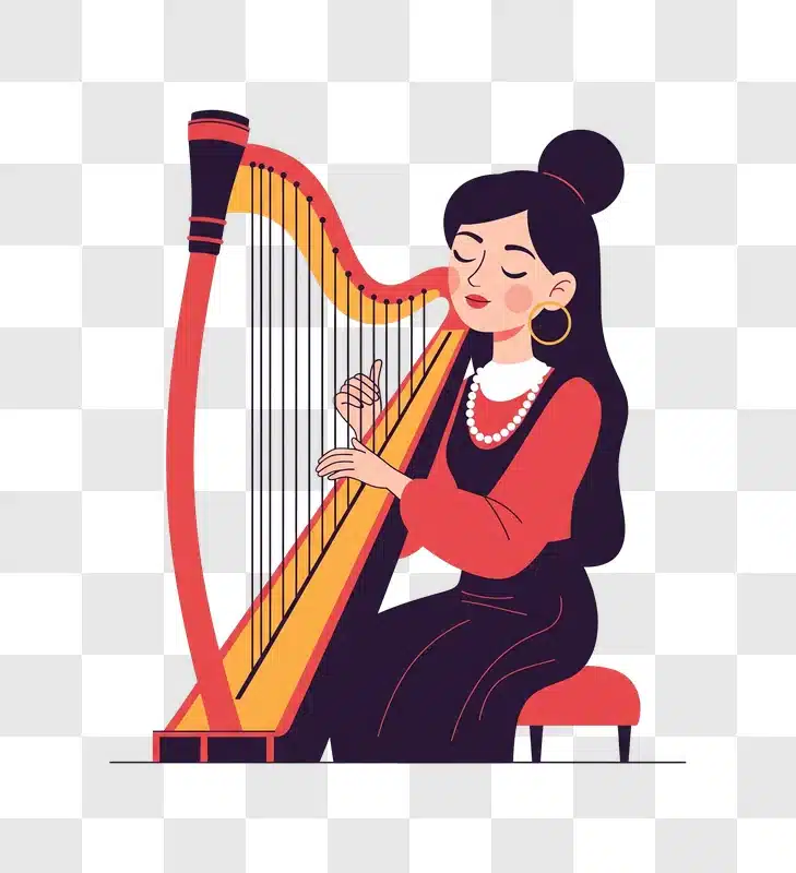 young woman playing a harp with eyes closed in a serene setting edited