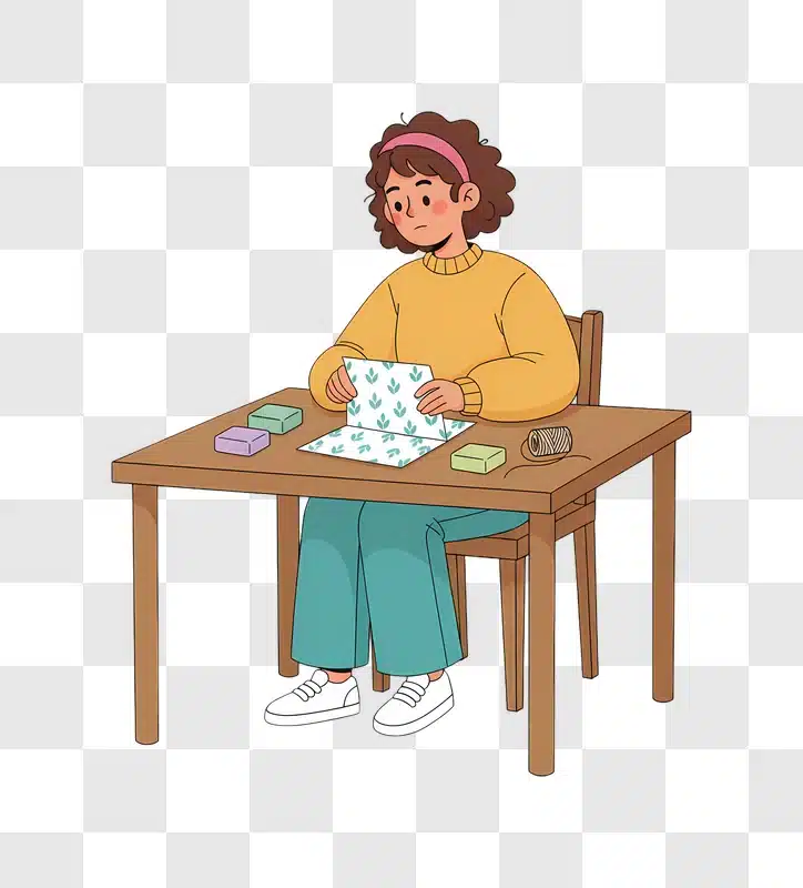 young girl crafting at a wooden table with colorful supplies edited