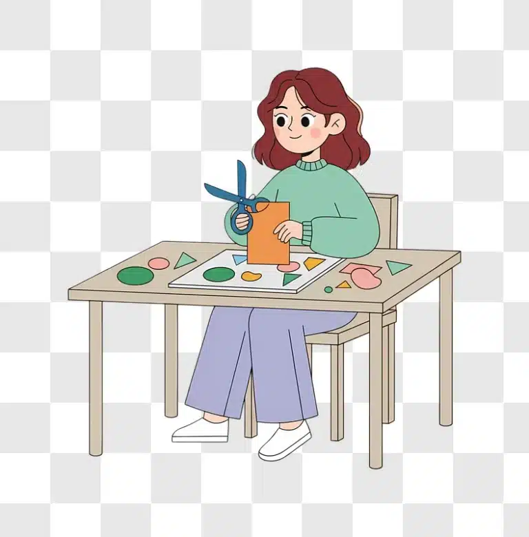 young girl cutting paper shapes for arts and crafts at a table edited