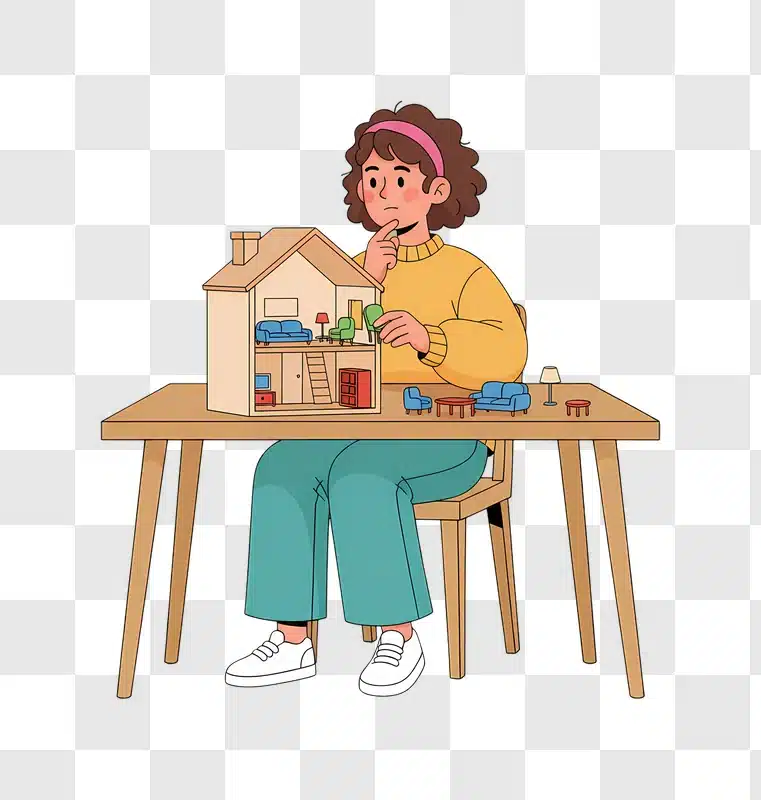young girl thoughtfully arranging furniture in a dollhouse on a wooden table edited
