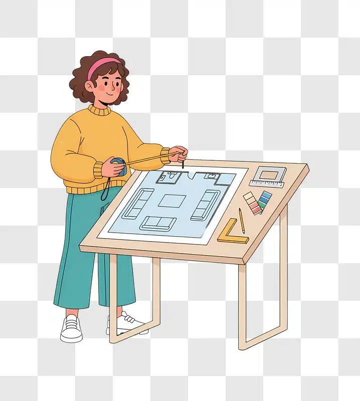 young woman architect working on a floor plan drawing edited