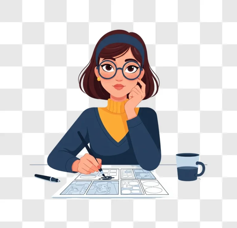 young woman artist drawing comic book panels at desk edited