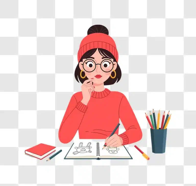 young woman artist drawing in a sketchbook with pencils and books edited