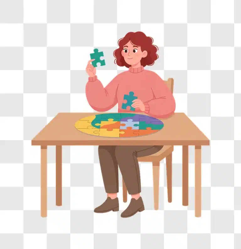 young woman focused on assembling a colorful jigsaw puzzle at a wooden table edited