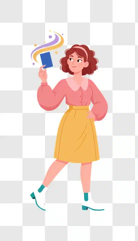 young woman holding a blue card with magical sparkles edited