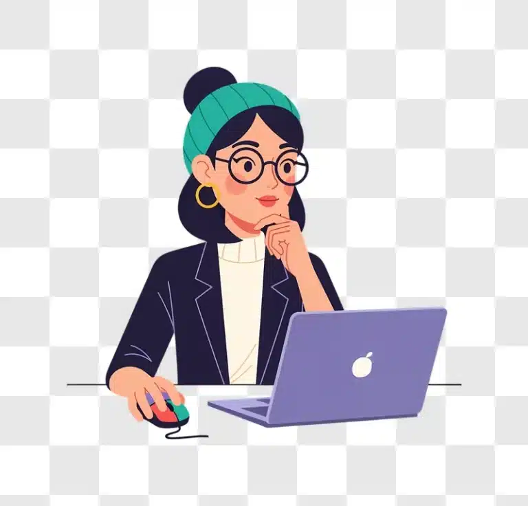 young woman in glasses and beanie working on laptop edited