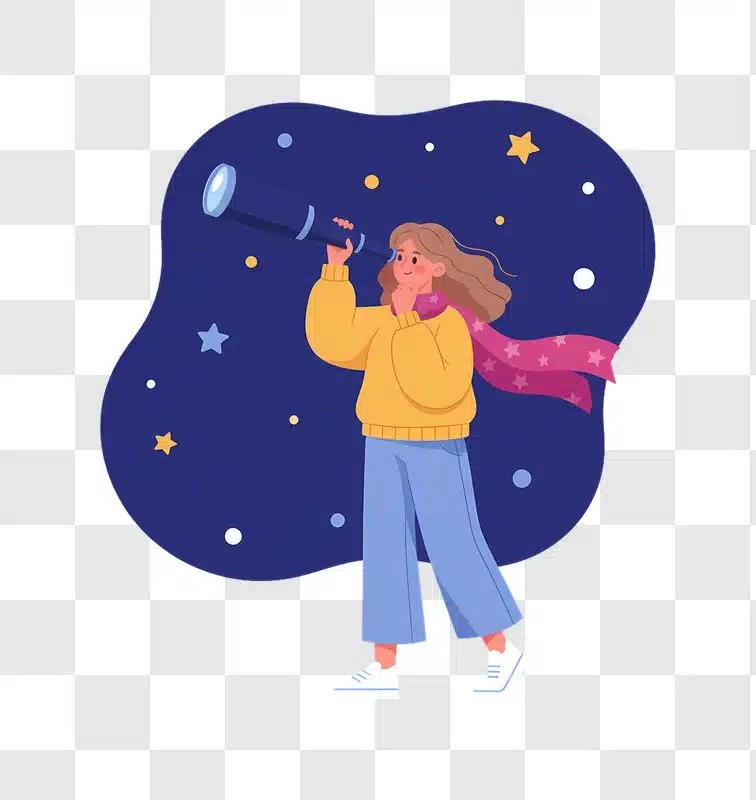 young woman looking through telescope at night sky with stars edited