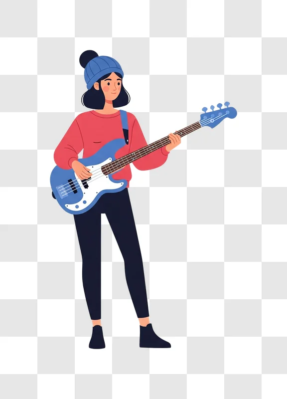 young woman playing a blue electric bass guitar wearing a beanie and red sweater edited