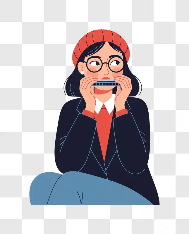 young woman playing a harmonica with glasses and hat edited
