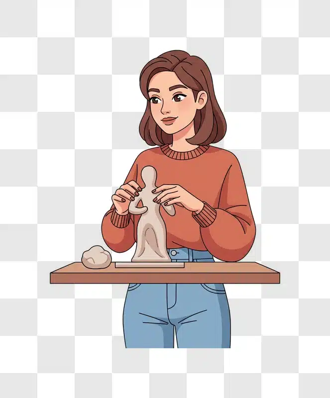 young woman sculpting a small clay figure on a wooden board edited