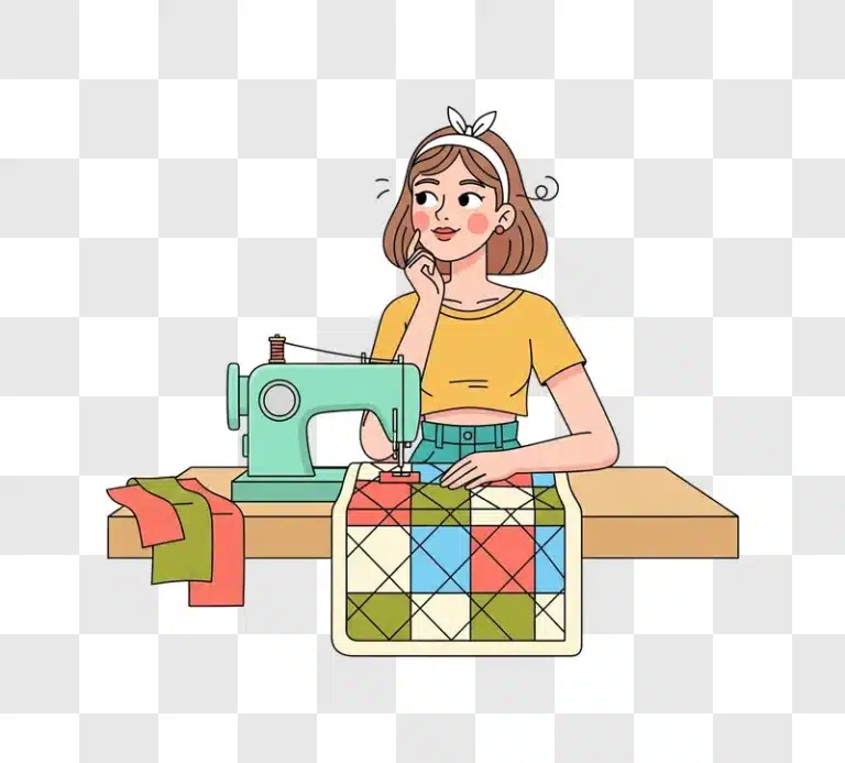 young woman sewing a colorful quilt on a sewing machine edited