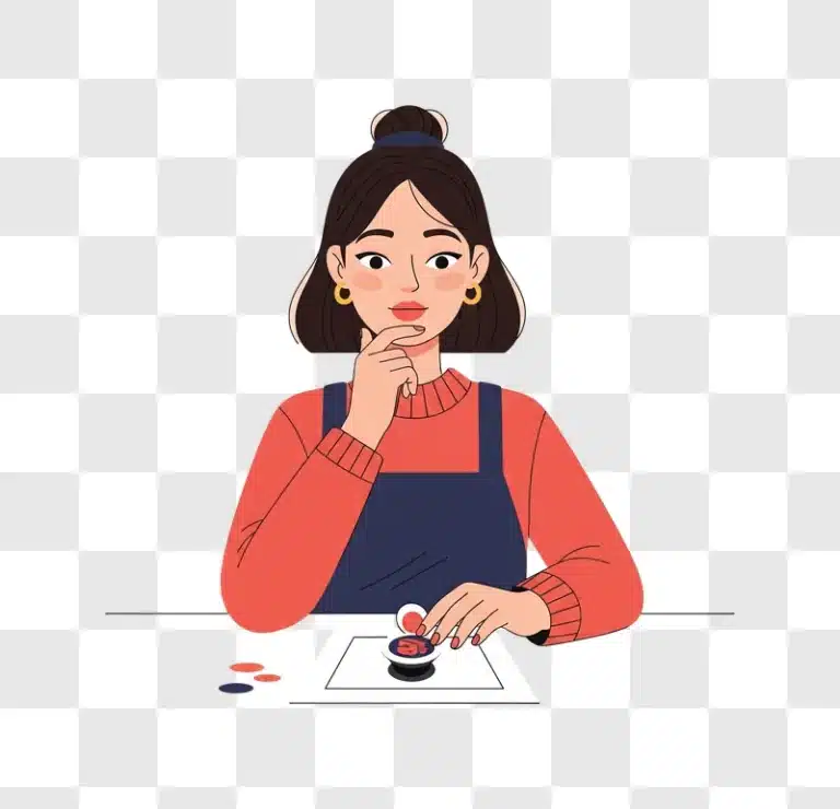 young woman thoughtfully applying makeup with a small mirror edited