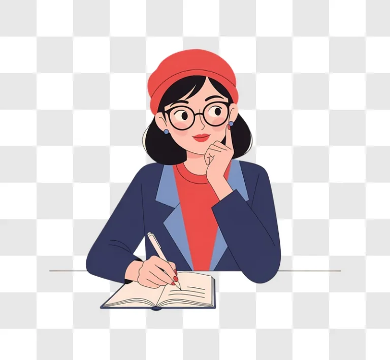 young woman wearing glasses and a beret writing in a notebook edited