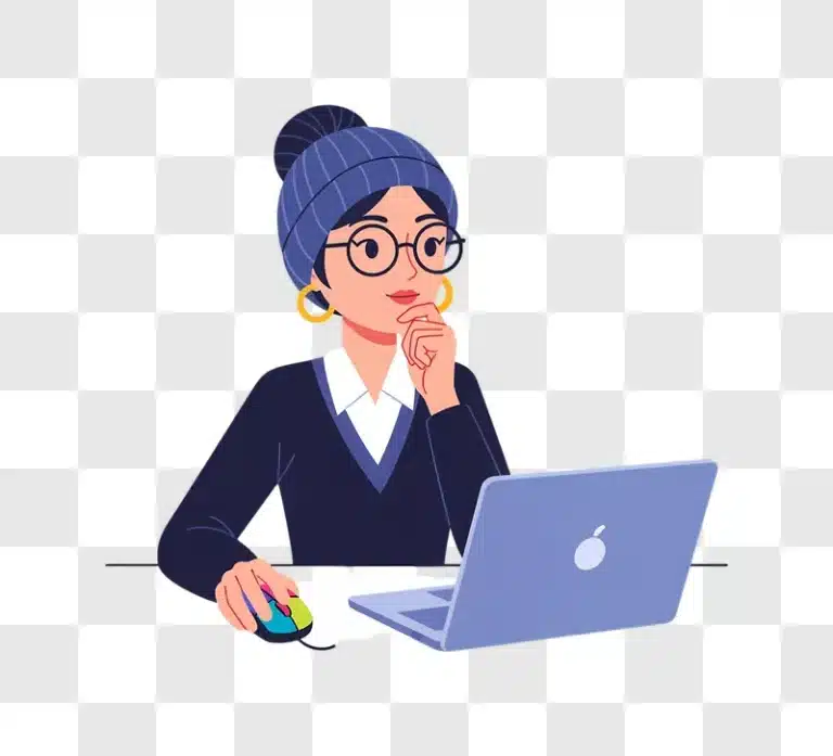 young woman wearing glasses and beanie working on a laptop edited