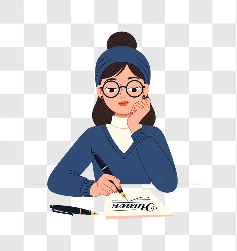 young woman wearing glasses and blue sweater writing with a fountain pen edited