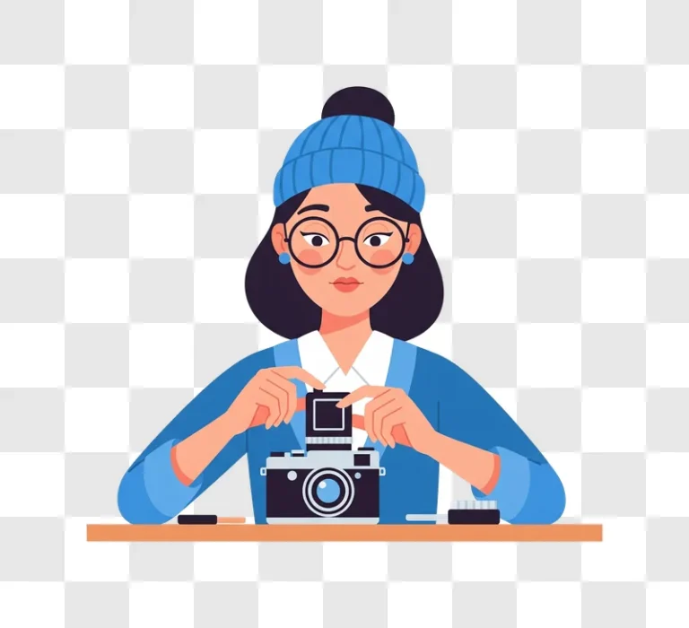 young woman with glasses and beanie loading film into vintage camera edited