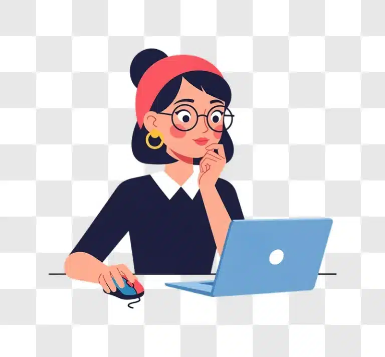 young woman with glasses and headband working on a laptop edited