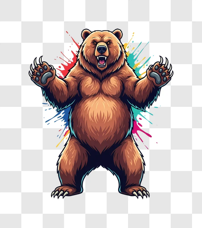 aggressive brown bear standing with colorful abstract edited