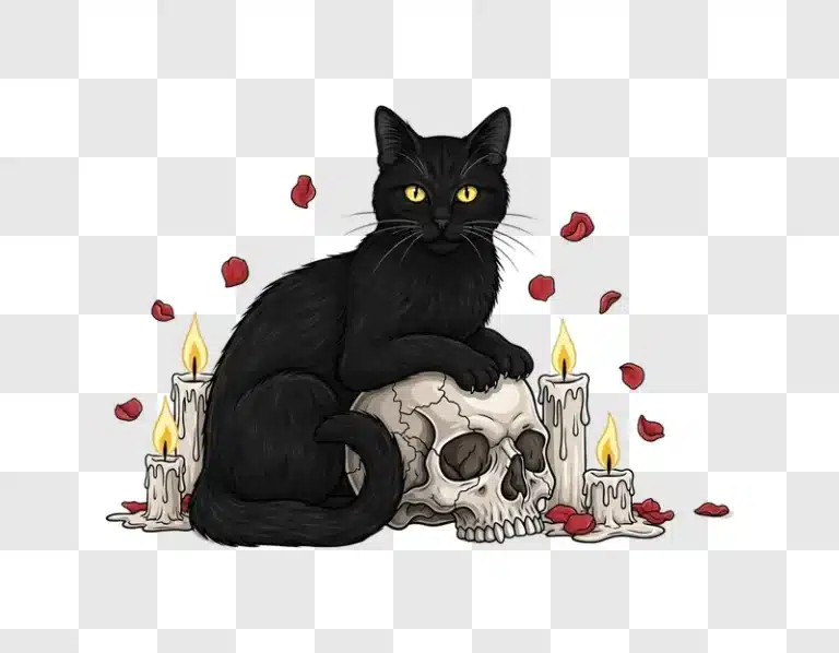 black cat on skull with candles and rose petals edited