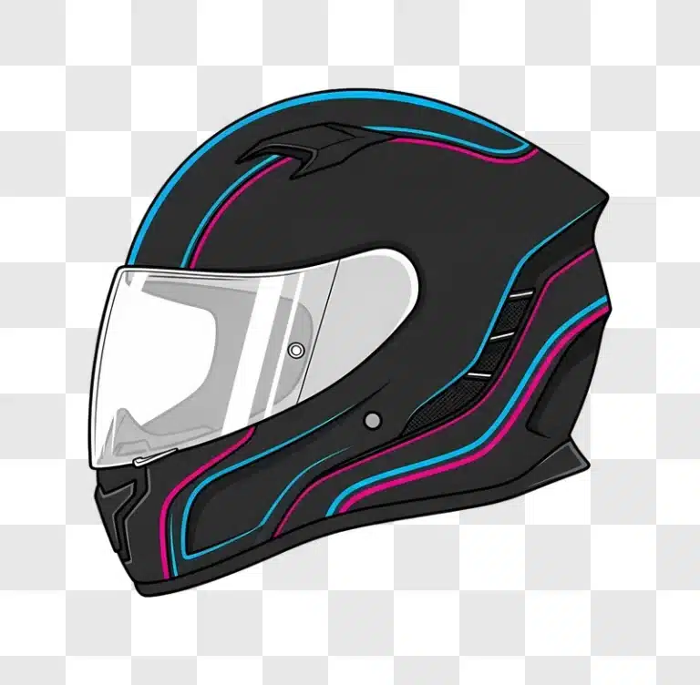 black full face motorcycle helmet with pink and blue stripes edited