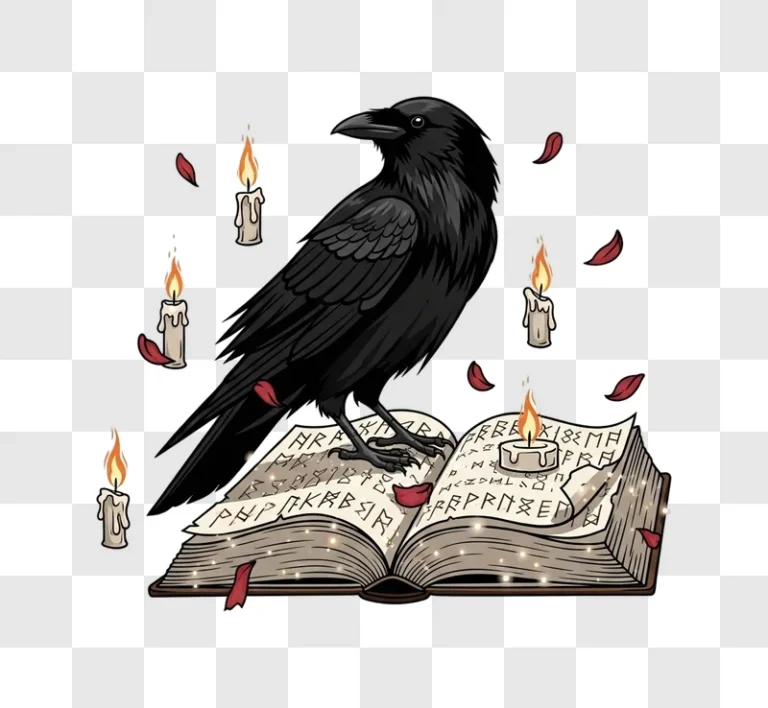 black raven on runic grimoire with lit candles edited