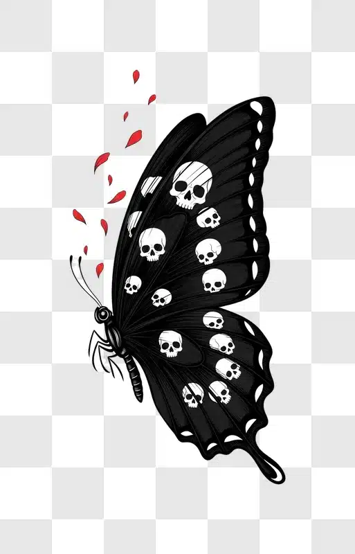 black skull butterfly wing with red petals edited