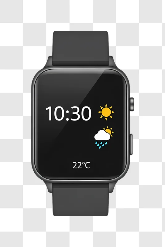 black smartwatch with time and weather icons edited