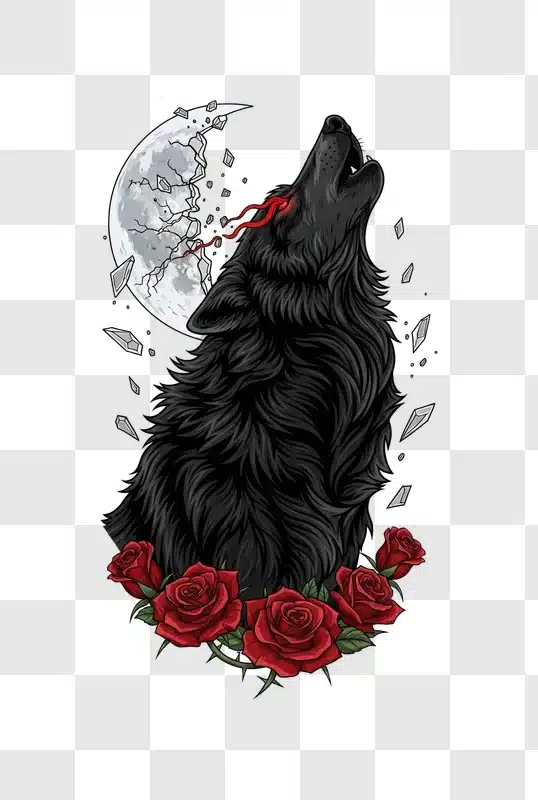 black wolf howling at shattered moon with roses edited