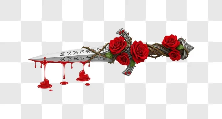 bloody ornate dagger with roses on transparent edited