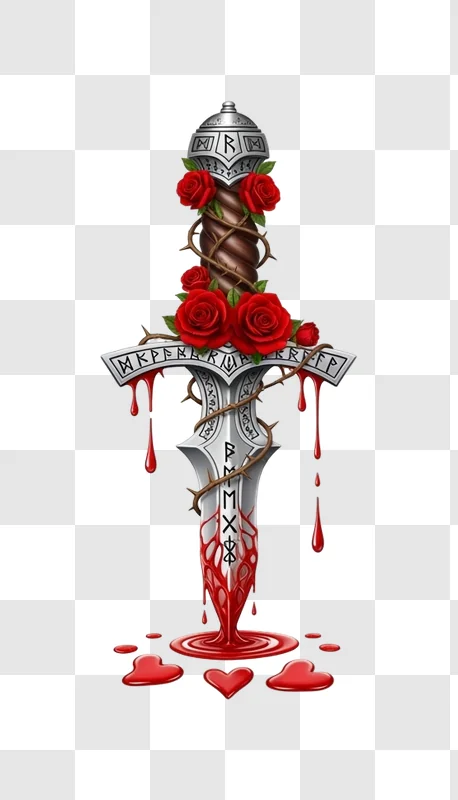 bloody runic sword with roses and heart shapes edited