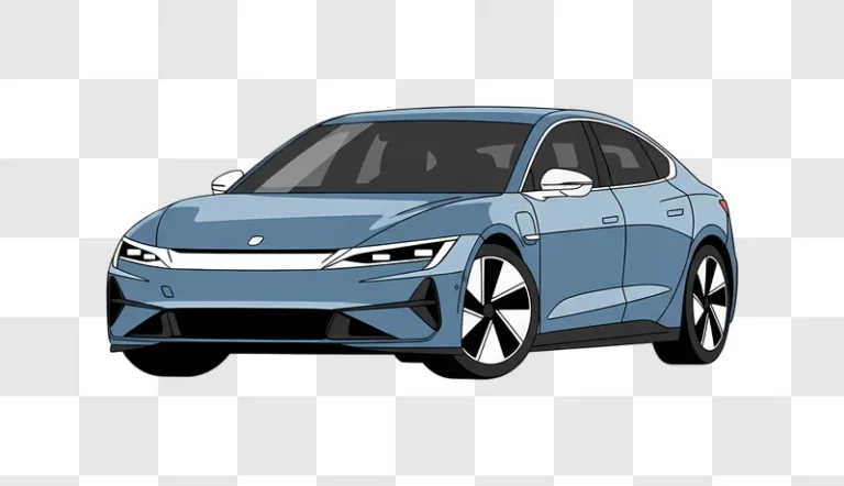 blue electric sedan front view illustration transparent edited