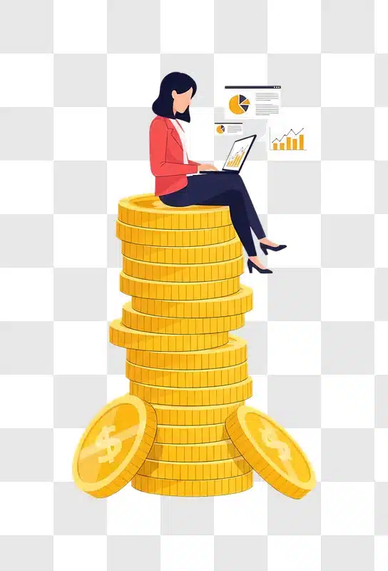 businesswoman analyzing data on tall coin stack edited