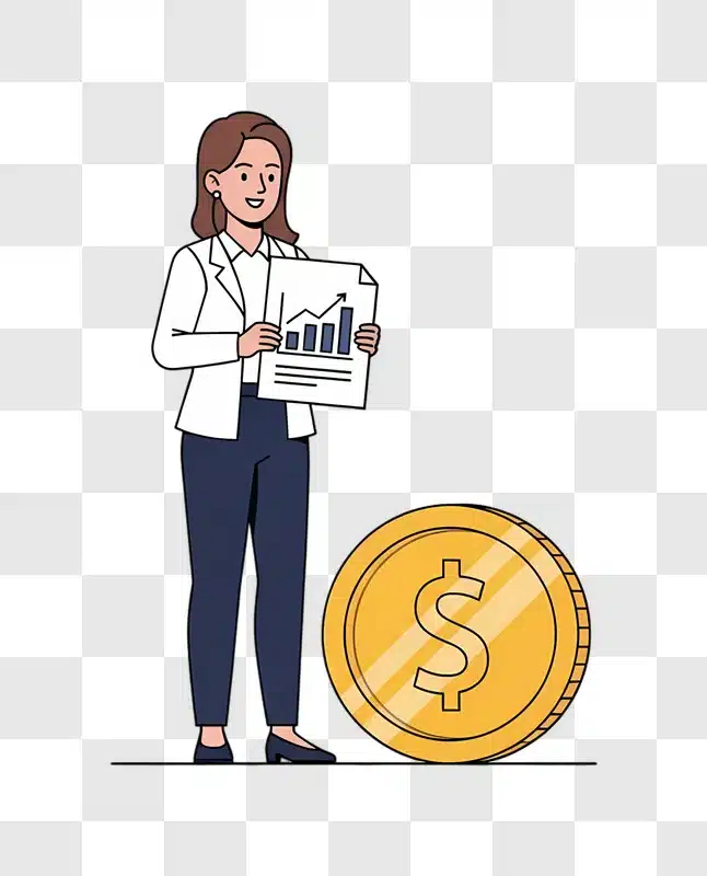cartoon businesswoman holding graph and money coin edited