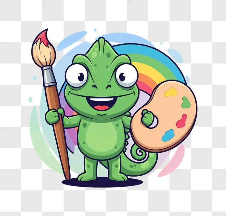 cartoon chameleon painter with palette and rainbow edited