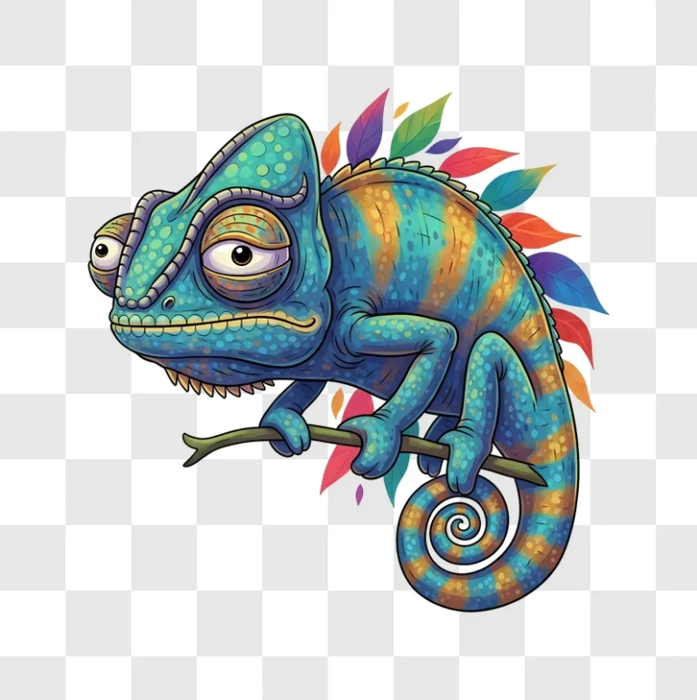 cartoon chameleon on branch with colorful leaves edited