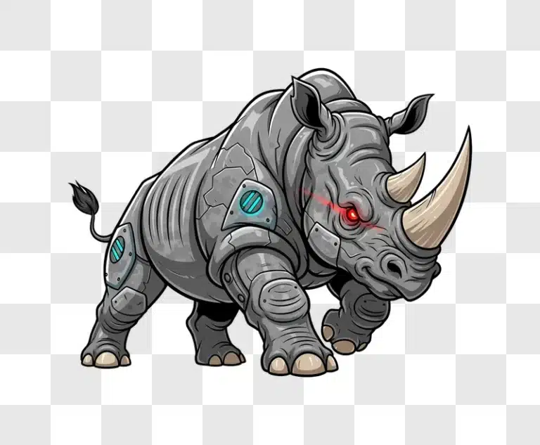 cartoon cyborg rhino with glowing red eyes edited