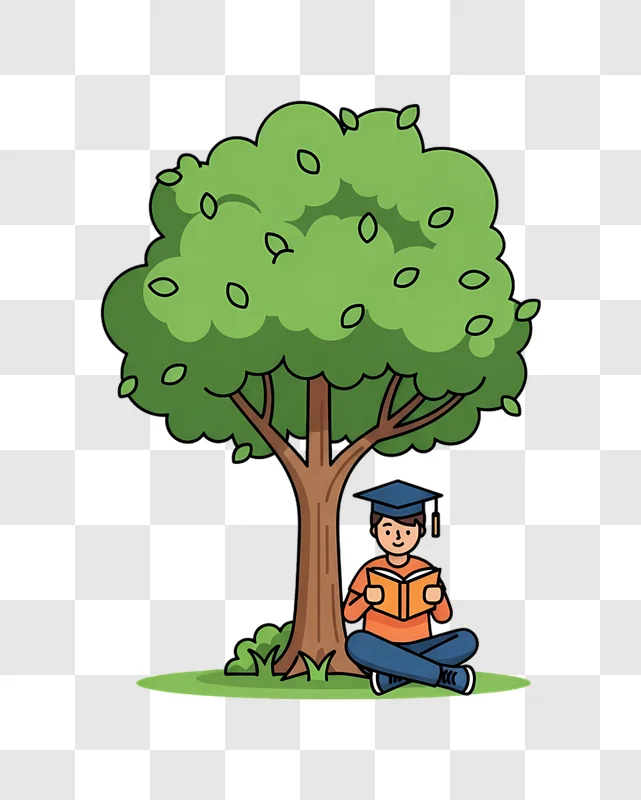 cartoon graduate student reading under tree edited