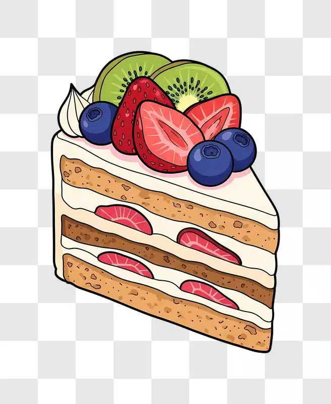 cartoon layer cake slice with strawberries blueberries kiwi edited