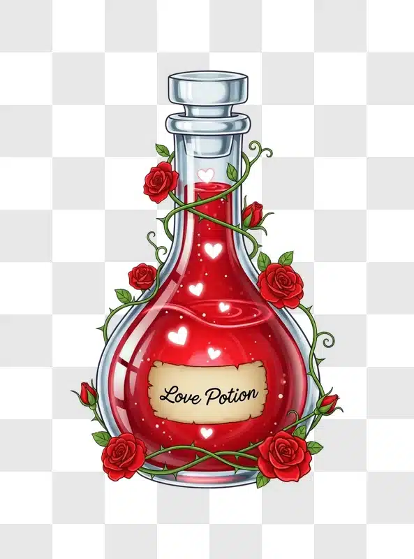 cartoon love potion bottle with roses and hearts edited