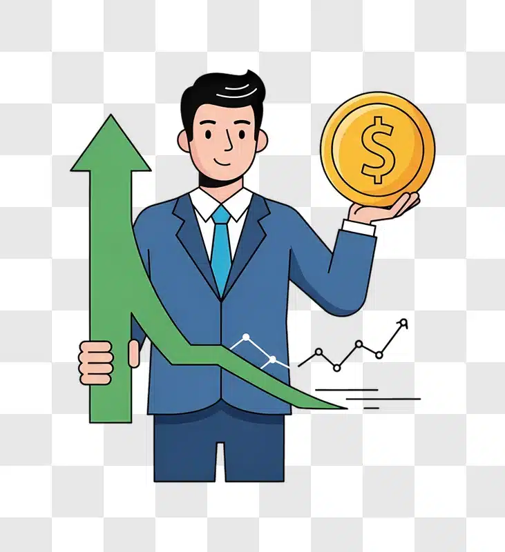 cartoon man holding dollar coin and growth arrow edited