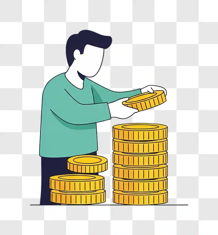 cartoon man stacking golden coin piles edited
