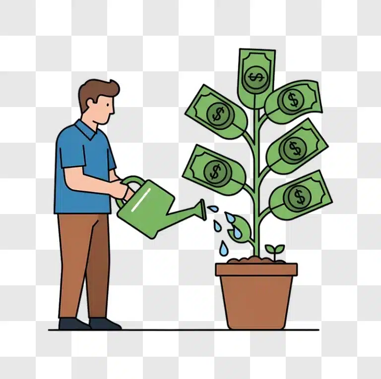 cartoon man watering money tree financial growth edited