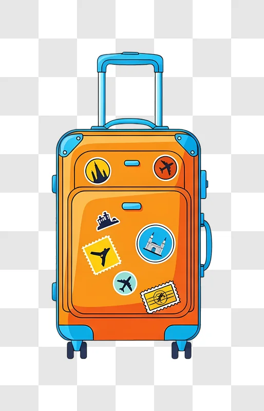 cartoon orange suitcase adorned with travel stickers edited