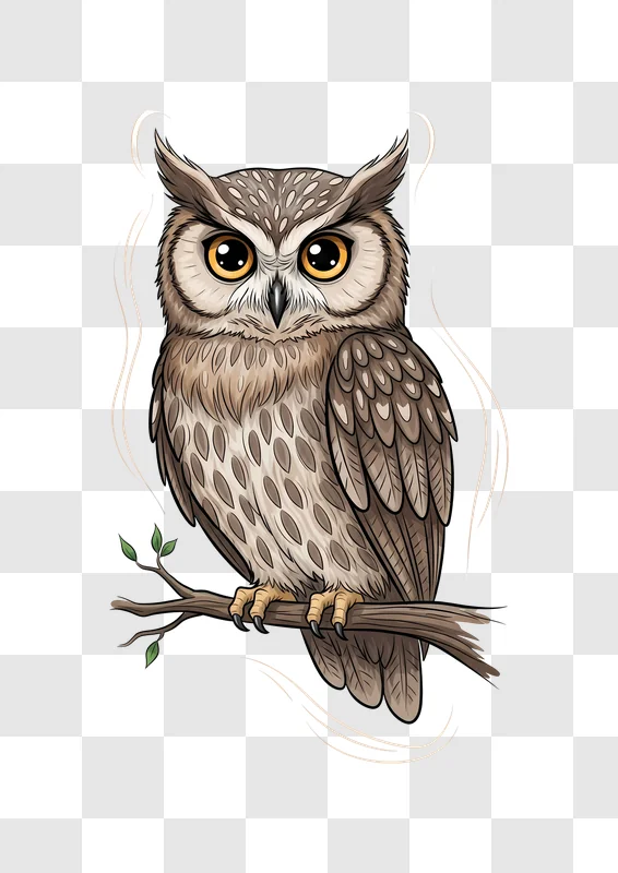 cartoon owl front view perched on branch edited