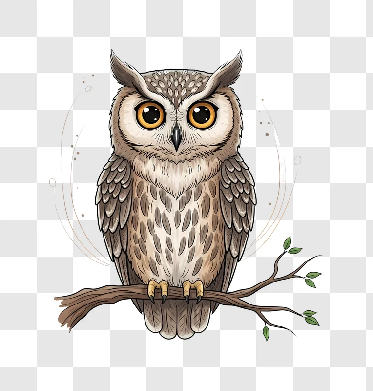 cartoon owl with big orange eyes on branch edited
