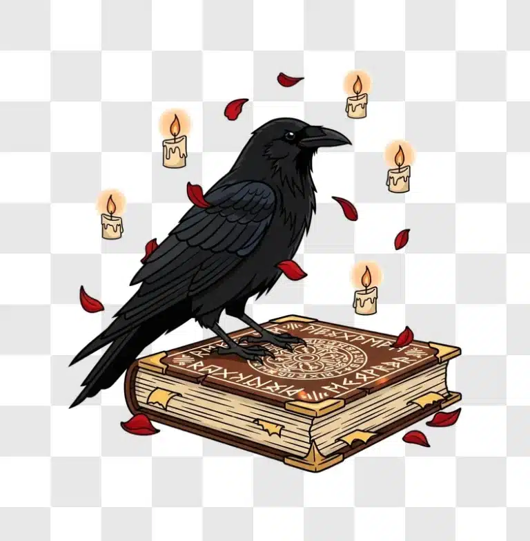 cartoon raven on rune book with candles and petals edited
