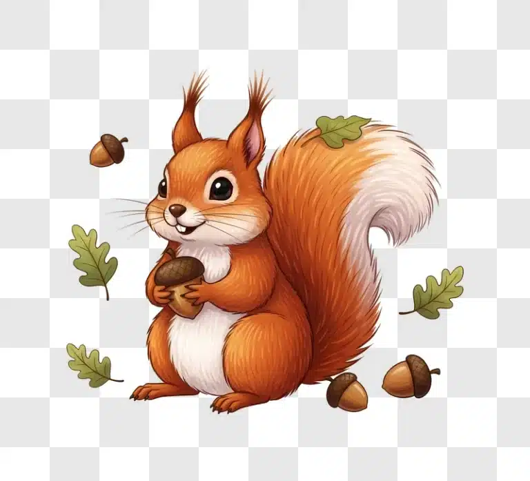 cartoon squirrel holding acorn with autumn leaves edited