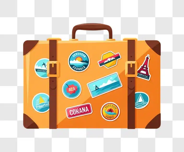 cartoon suitcase covered with travel stickers edited