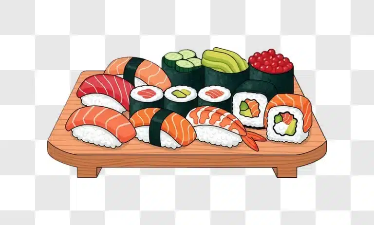 cartoon sushi assortment on wooden platter edited