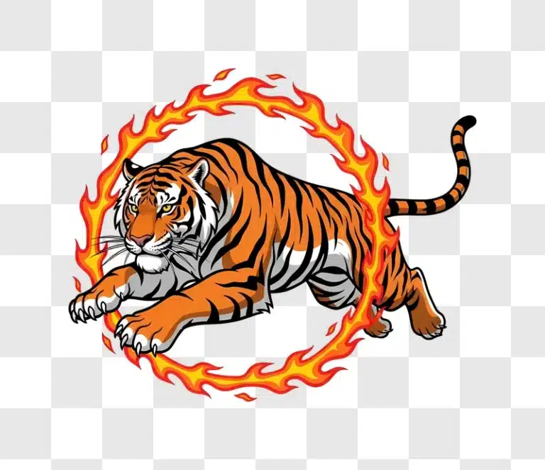 cartoon tiger leaping through fire ring edited